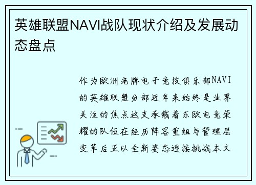 英雄联盟NAVI战队现状介绍及发展动态盘点